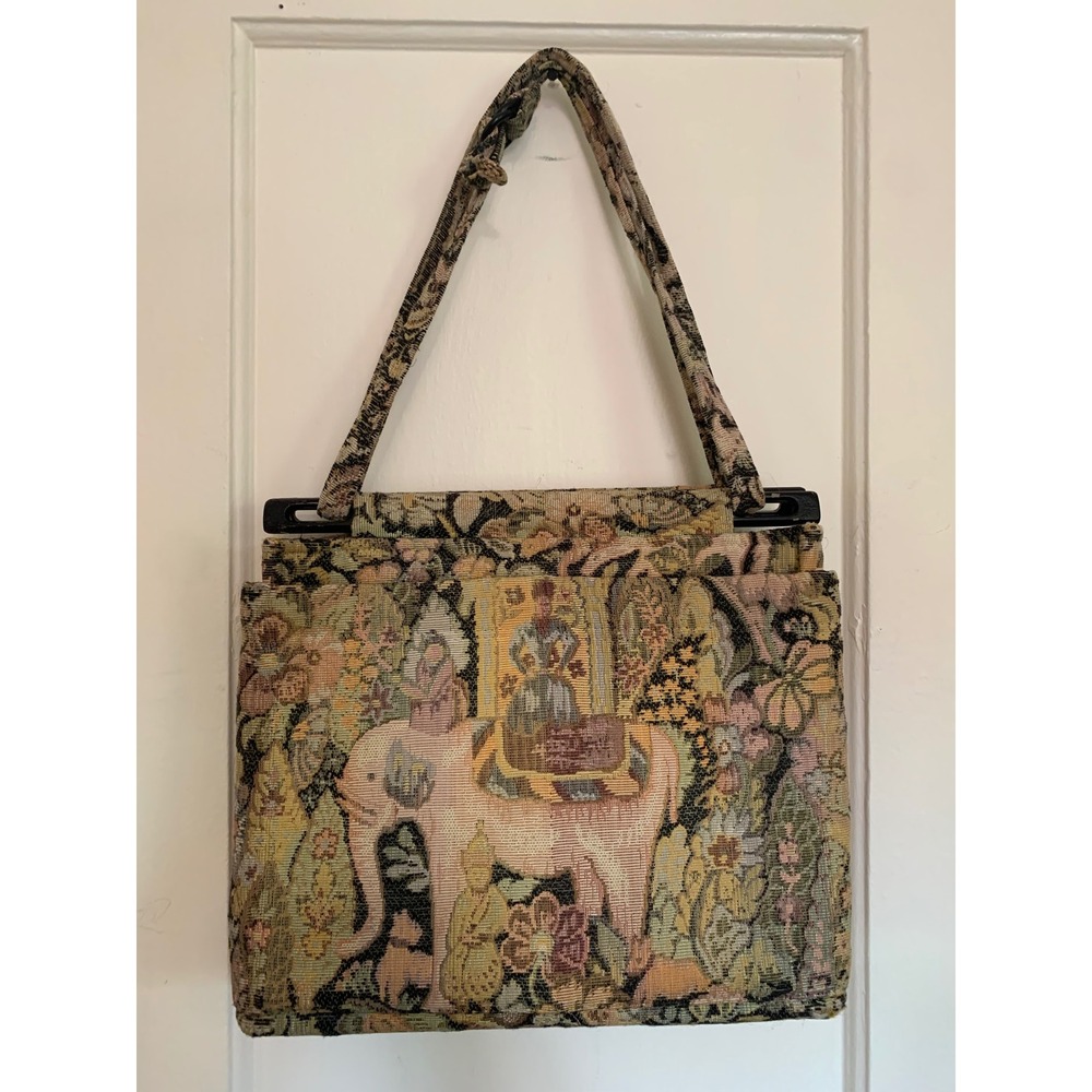 Toby Weston Vintage Elephant Tapestry Shoulder Bag Multicolor Floral Knitting